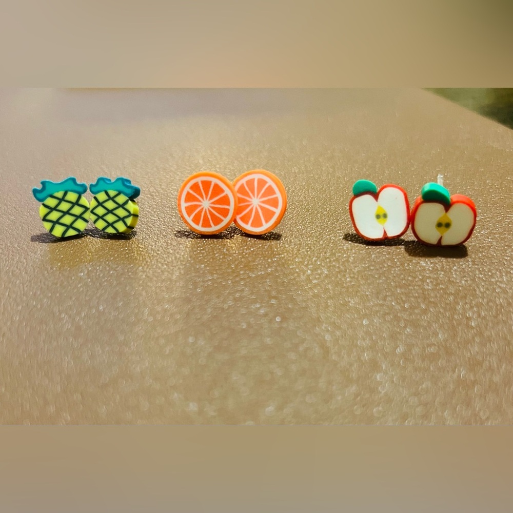 Fruit-Themed Kids Earrings Polymer Stud Set NWOT *ADORABLE* 🍊🍎🍍